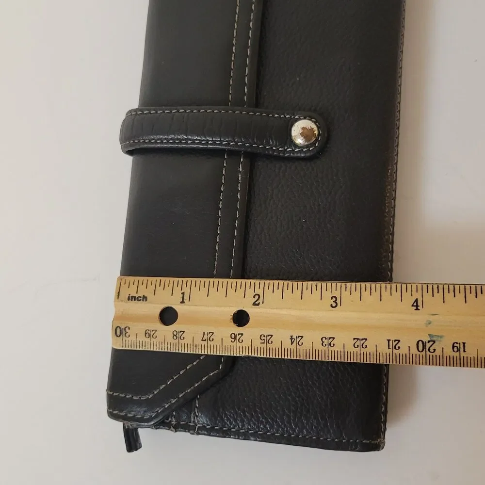 Vintage Black Leather Wallet with Snap Closure & Striped Lining